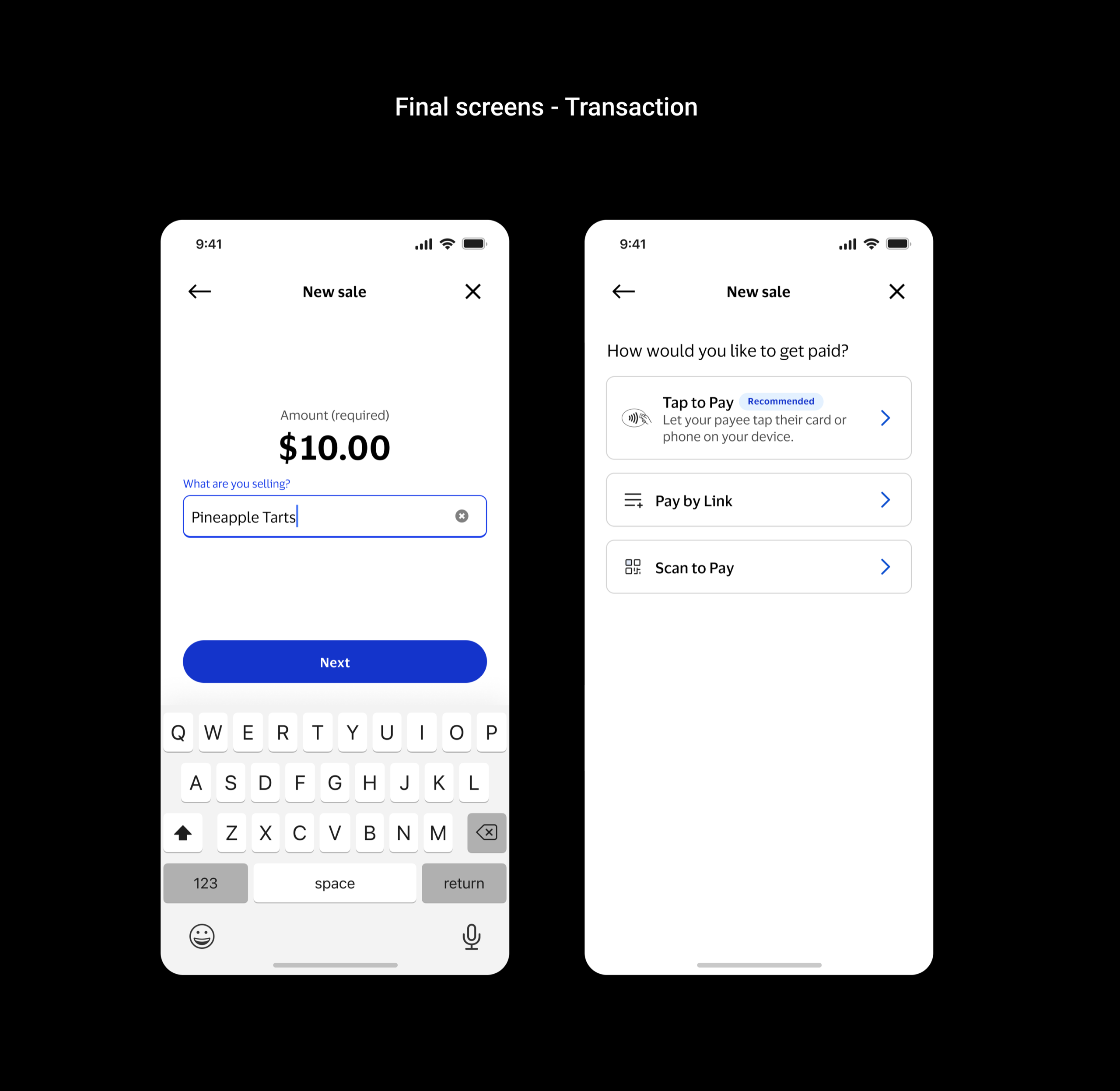 Final screens: entering a transaction amount
