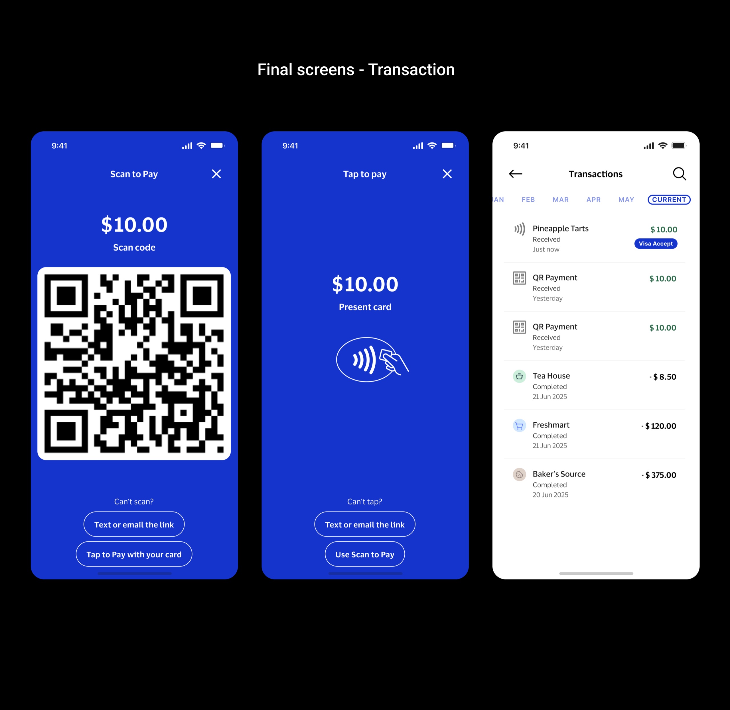Final screens: QR code and tap to pay transaction