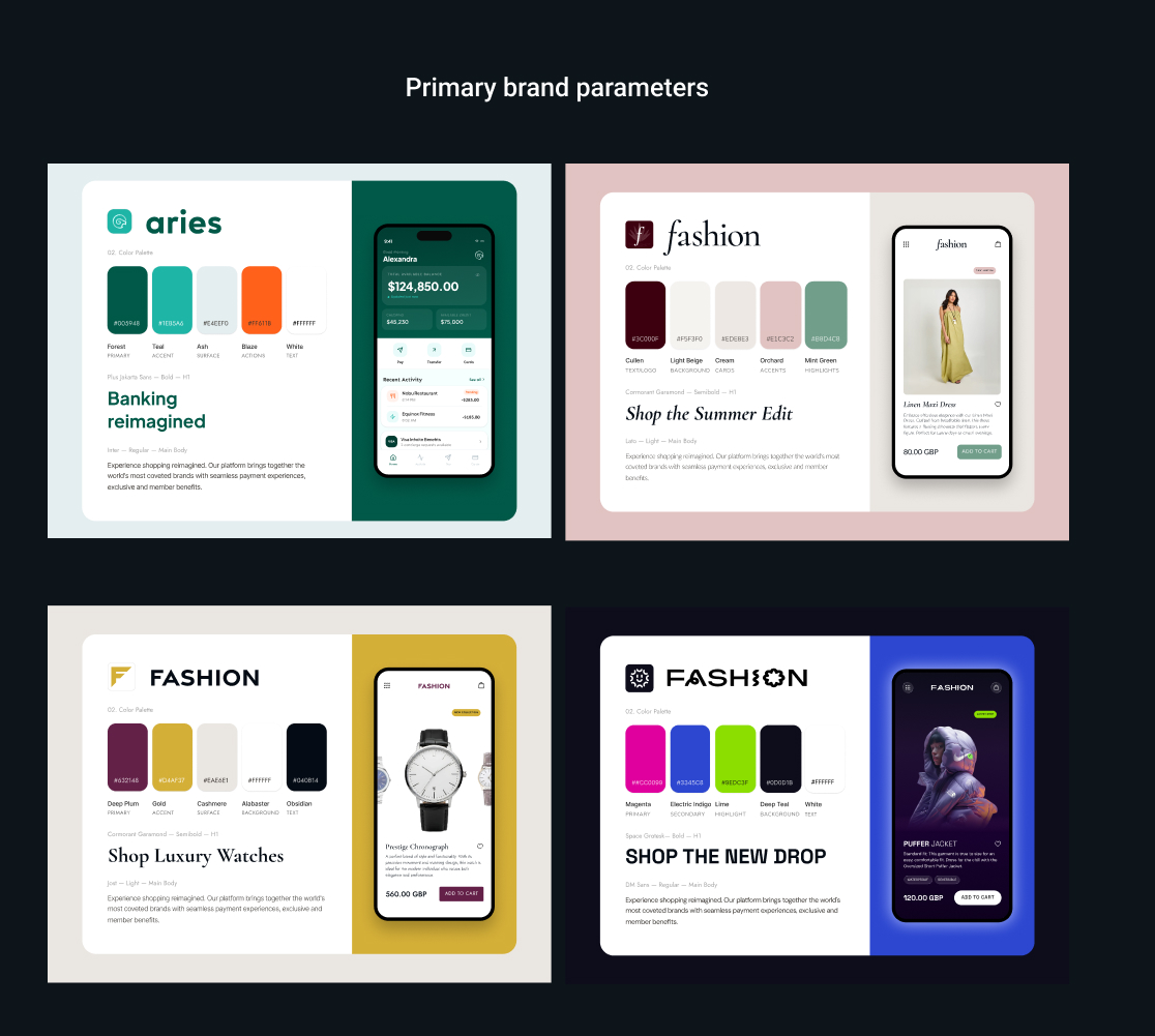 Primary brand parameters: four fictional brands (Aries banking and three fashion brands) with their color palettes and app screens