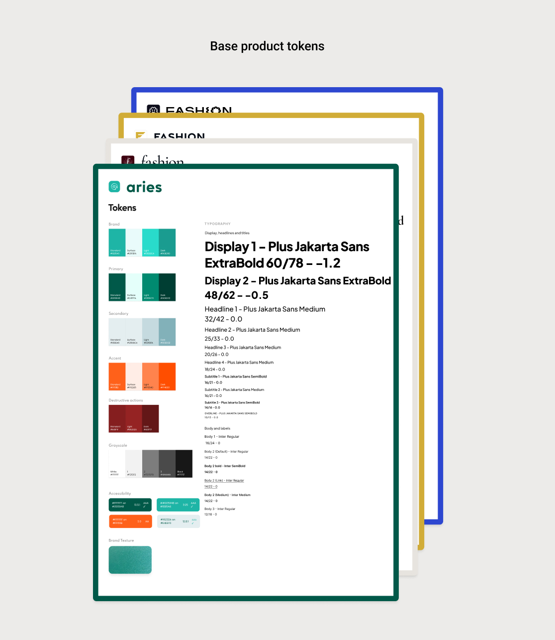 Base product tokens: stacked token sheets with colors and type styles for each brand