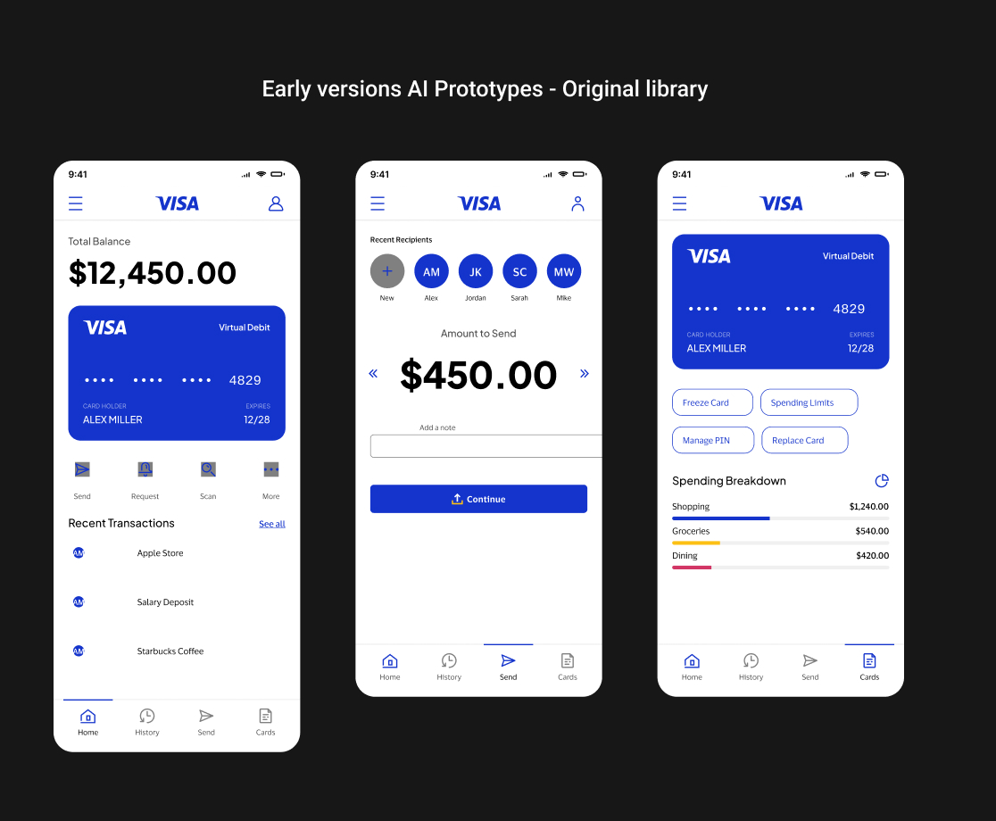 Early AI prototypes built with the original library: three Visa banking app screens
