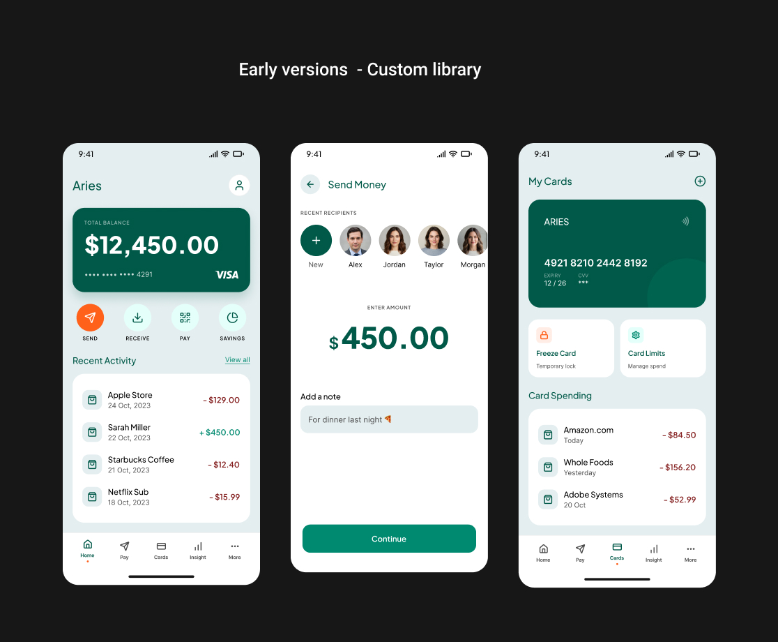 Early AI prototypes built with the custom library: three Aries banking app screens
