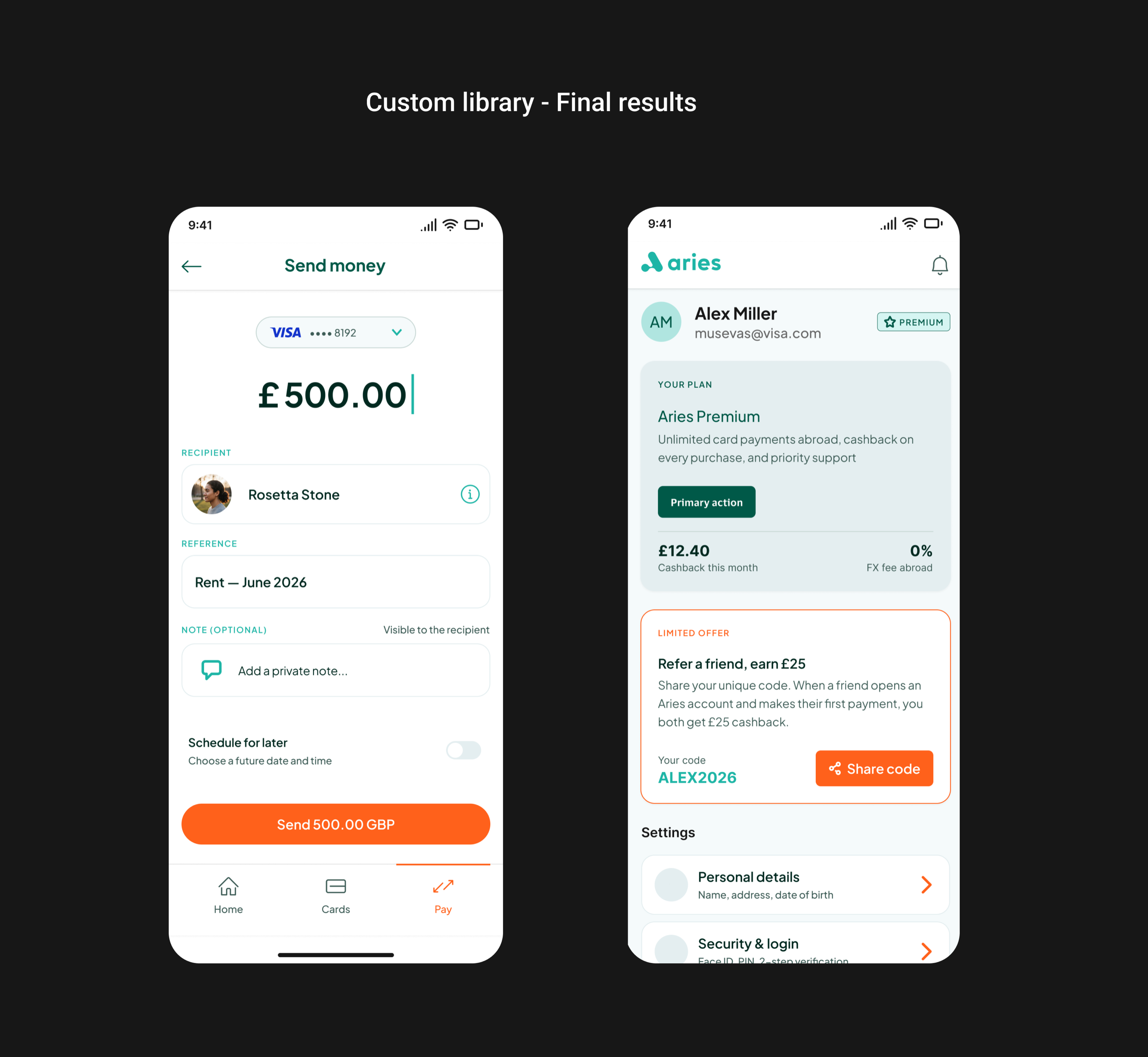 Custom library final results: send money and account screens in the Aries theme