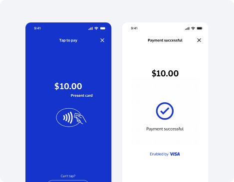 Tap to pay screen and payment successful screen
