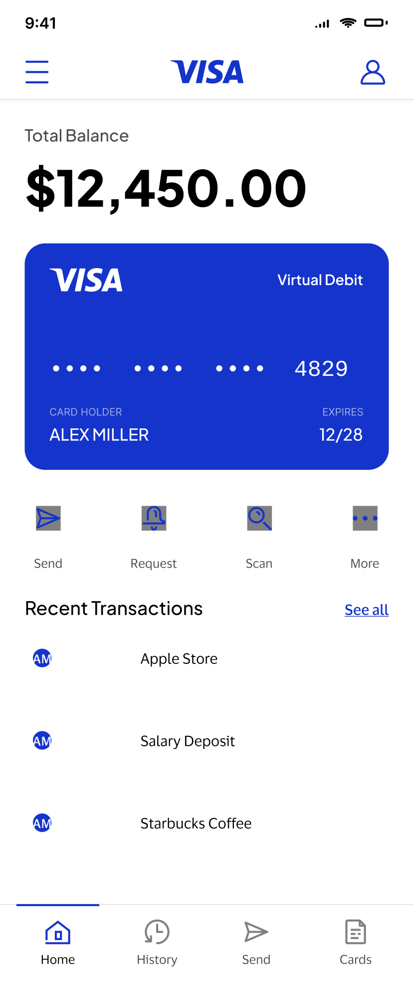Visa-themed banking app home screen